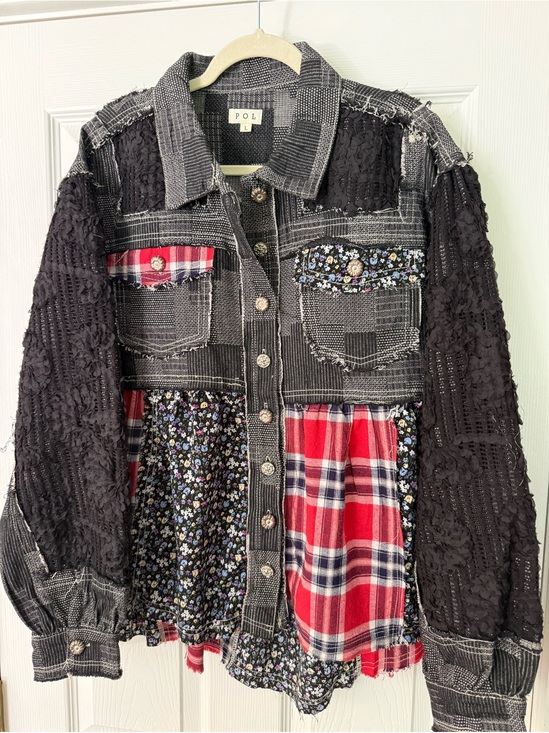 POL Jackets & Blazers - POL Patchwork Black Gray Jacket with Red Plaid & Floral Panels